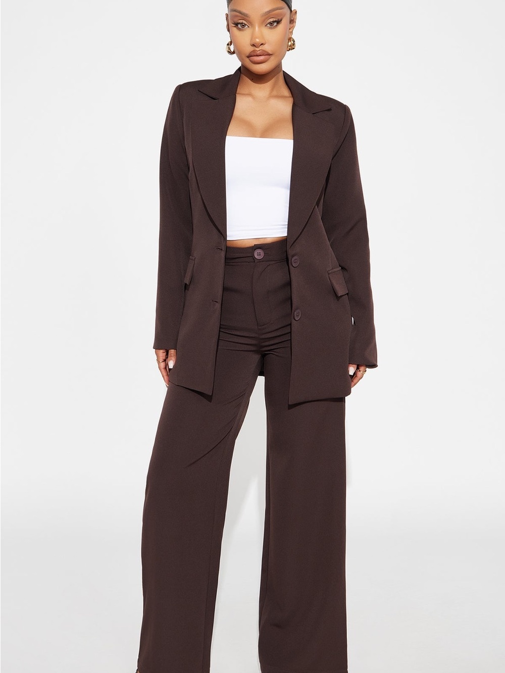 Wide Leg Blazer & Pants Set - Dark Brown